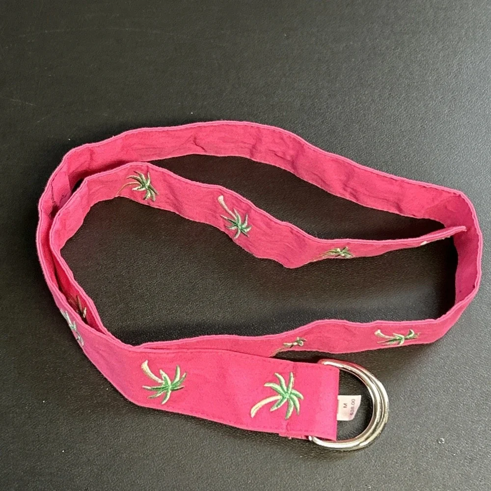 Talbots Women's Medium Pink Green Palm Tree Belt Adjustable Embroidered Beachy